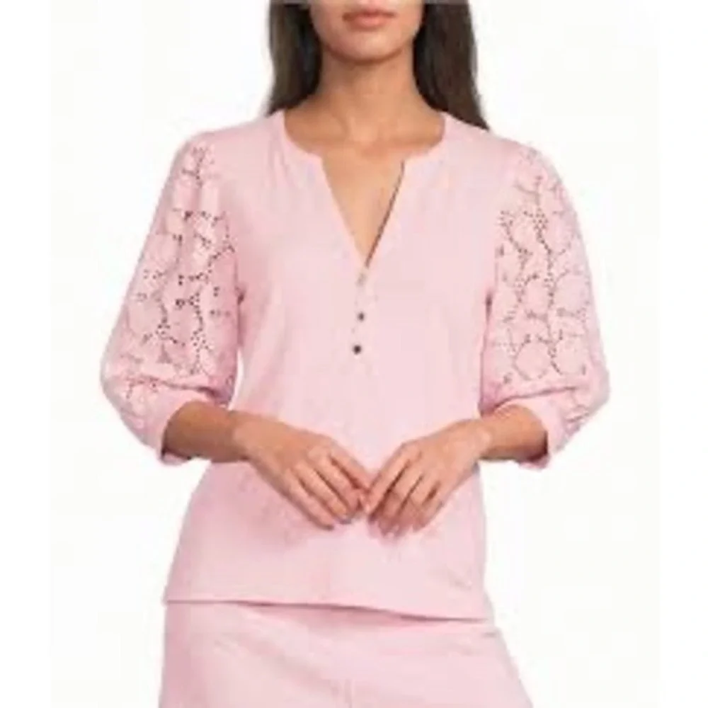 Lilly Pulitzer Etta‎ V-Neck Top Pink Eyelet Lace Puff Sleeve Knit Shirt Large